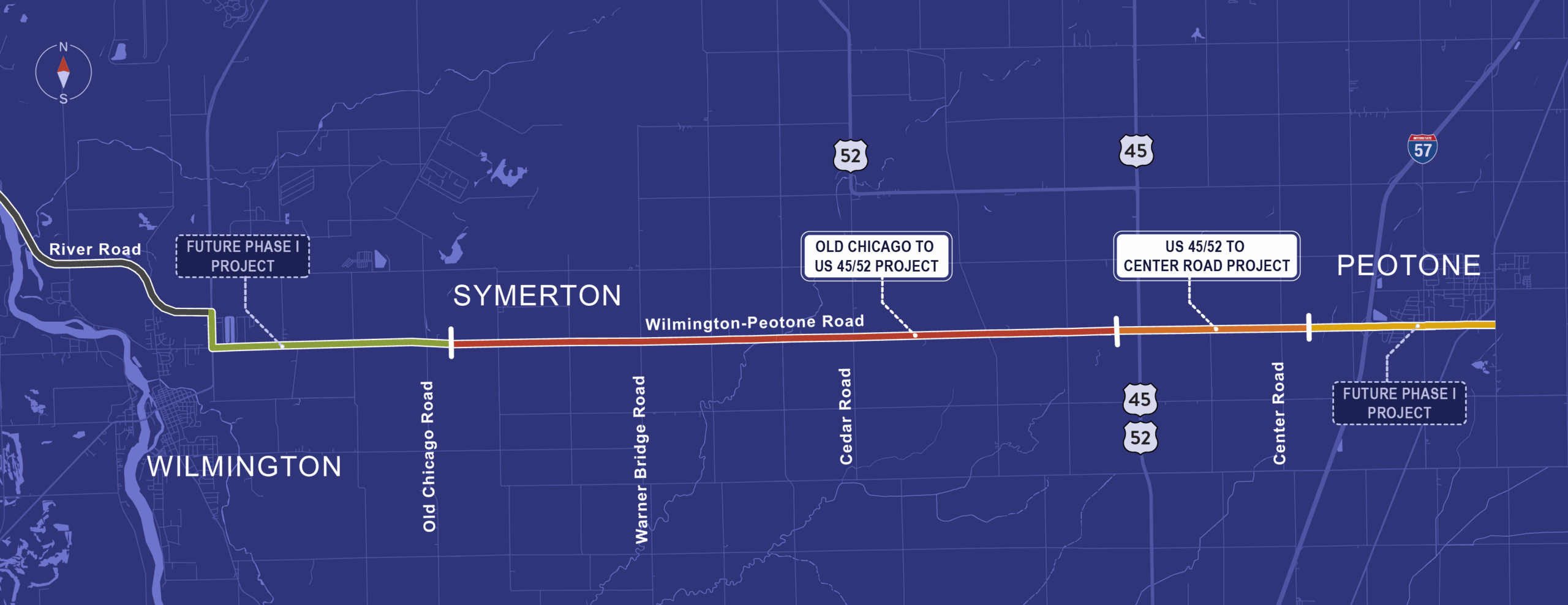 Project map highlighting phase one projects along Wilmington-Peotone Road